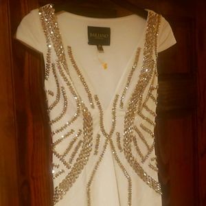 BARIANO WHITE SILVER BEADED CAP SLEEVE DRESS 2 4